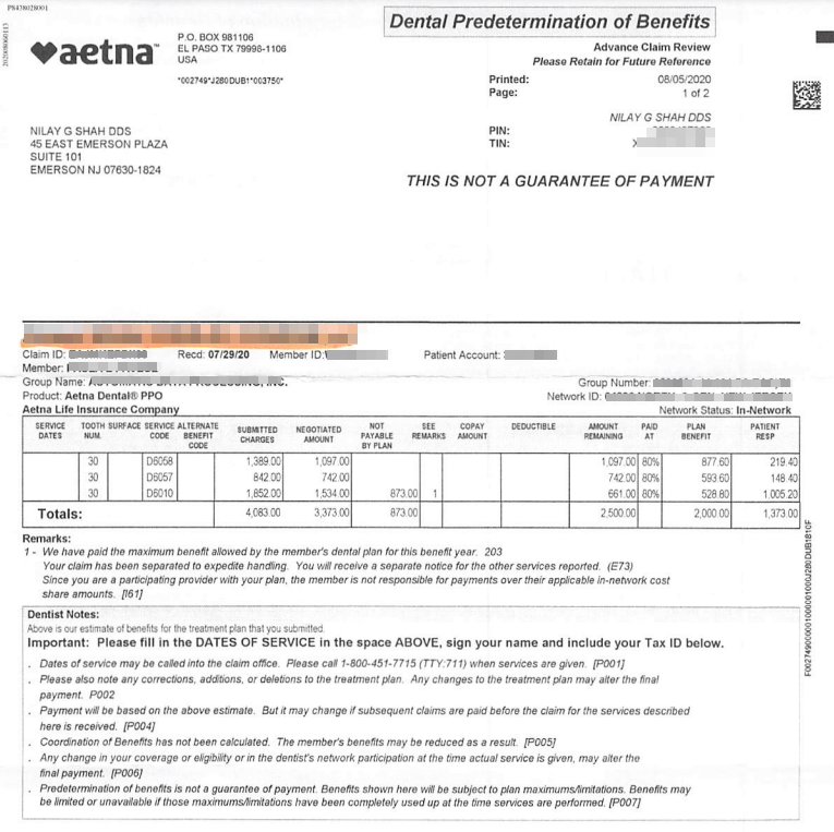 Dental Predetermination EOB for Approved Implants