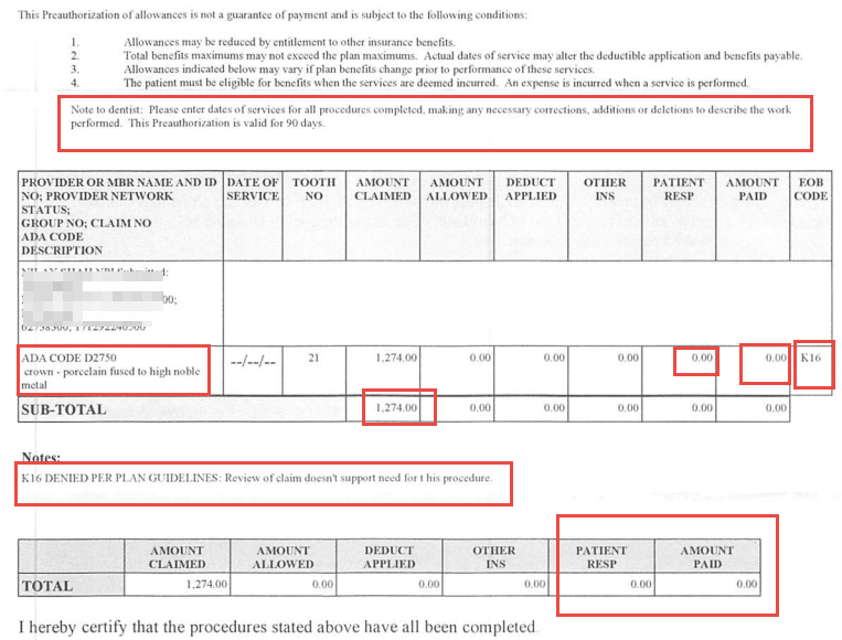 Dental Predetermination Benefit statement EOB denial
