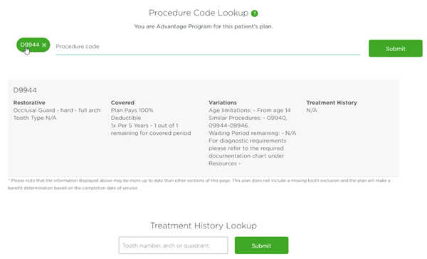 Dental insurance verification through insurance portal procedure code look up