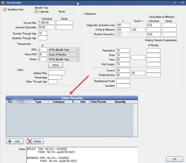 Open Dental Family Module - Edit Benefits Window