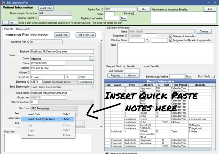 Dental Insurance Verification - Open Dental Quick Paste Notes for quick templates