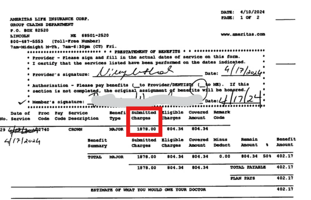 Dental insurance terminology - EOB showing Submitted Charge