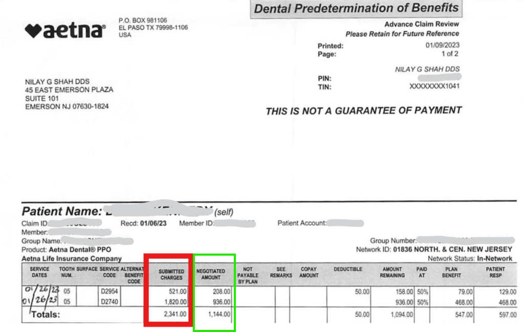 Dental Insurance Terminology - Submitted Charges from Aetna EOB