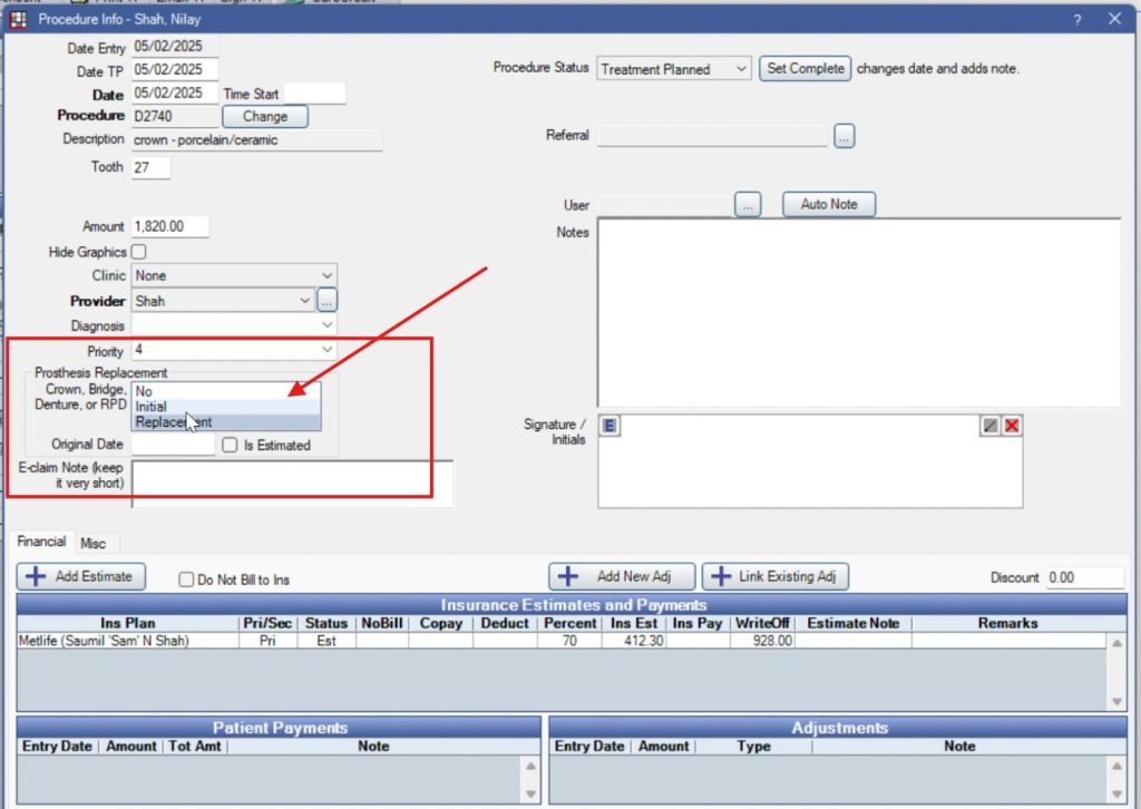 Open Dental Edit Procedure Info - Marking crowns / bridge / other appliances INITIAL or Replacement